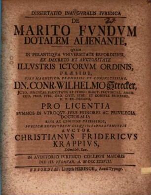Dissertatio Inavgvralis Ivridica De Marito Fvndvm Dotalem Alienante