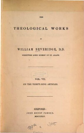 The theological works, 7. On the thirty-nine articles