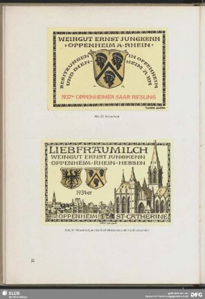 Weinetikett: Liebfrauenmilch. Weingut Ernst Jungkenn. Rhein-Hessen 1934er [wurde nur für Groß-Britannien und Irland verwendet]