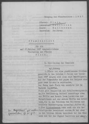 Flein: Pfarrbericht 1937