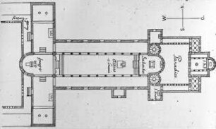 Fulda, Dom St. Salvator und Bonifatius, Ratgarbasilika, hier fertiger Bau als verbundene Ost- und Westkirche, Grundriss; Ratgar