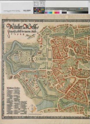 Münster (Münster) Fliegerschaubild der Innenstadt 1928 o.M. 93 x 123 farb. Druck: Blankertz, Düsseldorf Stadtvermessungsamt BW Nr. 1268n
