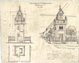 Thiersch, August ; Transformationsstationen, Masttransformatoren, Entwürfe - Grundriss, Schnitt, Perspektive