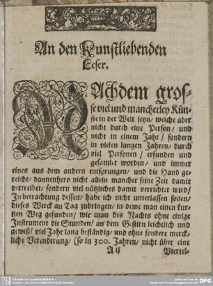 An den kunstliebenden Leser.