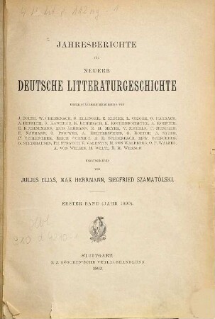 Jahresberichte für neuere deutsche Literaturgeschichte. 1. 1890 (1892)