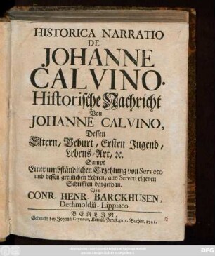 Historica Narratio De Johanne Calvino