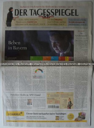 Tageszeitung "Der Tagesspiegel" mit Titel zu den Ergebnissen der bayerischen Landtagswahl
