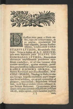 [Ad Orationem Valedictoriam Praetantissimi Jvvenis, Garliebii Christiani Lvtjens, ...]