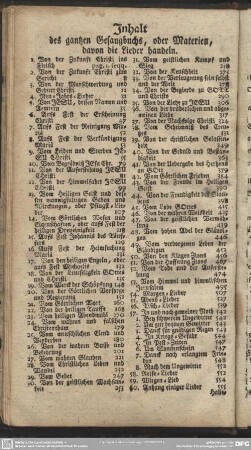 Inhalt des gantzen Gesangbuchs, oder Materien, davon die Lieder handeln
