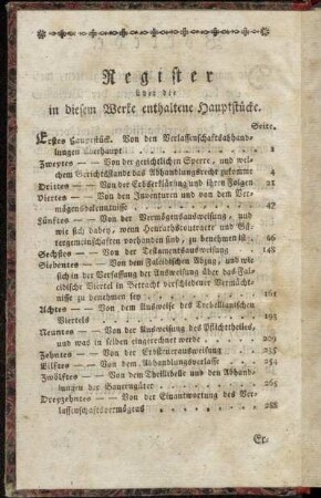 Register über die in diesem Werke enthaltene Hauptstücke.
