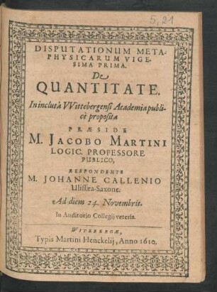 Disputationum Metaphysicarum Vigesima Prima. De Quantitate