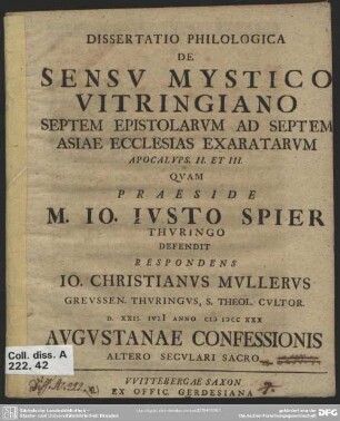 Dissertatio Philologica De Sensu Mystico Vitringiano Septem Epistolarum Ad Septem Asiae Ecclesias Exaratarum Apocalyps. II. Et III.
