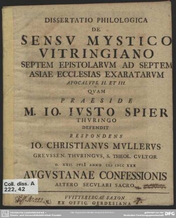 Dissertatio Philologica De Sensu Mystico Vitringiano Septem Epistolarum Ad Septem Asiae Ecclesias Exaratarum Apocalyps. II. Et III.