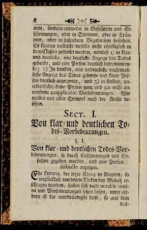 Sect. I. Von klar- und deutlichen Todes-Vorbedeutungen.