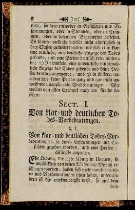 Sect. I. Von klar- und deutlichen Todes-Vorbedeutungen.