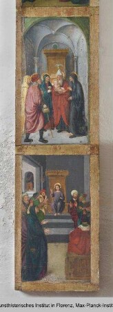 Die fünfzehn Rosenkranzgeheimnisse und der Heilige Thomas von Aquin : Anbetung des Christuskindes und der Junge Christus disputiert mit den Schriftgelehrten im Tempel von Jerusalem