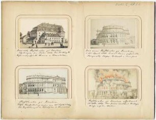 Vier Albumblätter ohne Einband. Seite 1 mit vier Visitfotos vom alten und neuen Dresdner Hoftheater