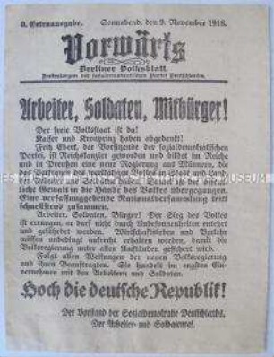 Sonderausgabe des "Vorwärts" zur Einsetzung von Friedrich Ebert als Reichskanzler
