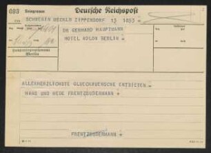 Brief von Hans Frentz und Hede Frentz-Sudermann an Gerhart Hauptmann