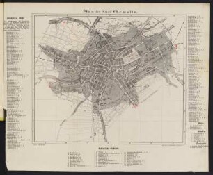 Plan von Chemnitz , Lithographie, 1870 : Plan der Stadt Chemnitz / gef. v. Trubenbach. - Chemnitz : Böhme, [1870]. - 1 Kt. : mehrfarb. Lithogr. ; 31 x 26 cm +++ Mit Straßenverz. und Gebäudekennung