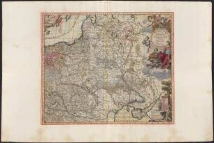 Karte von Polen und Litauen, 1:3 200 000, Kupferstich, 1702 : Regni Poloniae, Magni Ducatus Lithuaniae Coeterarumque Regi Poloniae Subditarum Regionum Tabula : In Omnes suos Ducatus, Palatinatus &c. divisa et in lucem edita ; Cum Privilegio Ordinum Hollandiae et Westfr. / a Carolo Allard. [Titelkartusche:] Ph. Tideman del. G. v. Gouwen fecit. - Circa 1:3 200 000. - Amstelo Batavo., [1702]. - 1 Karte : Kupferstich, handkoloriert ; Blattgröße 63 x 93 cm, Bildgröße 49 x 57 cm // Maßstab in graph. Form (Milliaria Polonica magna sive Germanica communia, Milliaria Polonica Communia sive Gallica Magna)