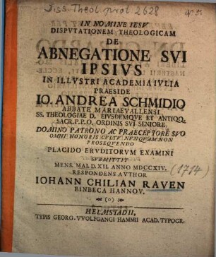 Dispvtationem Theologicam De Abnegatione Svi Ipsivs