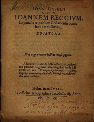 Ioan. Caselii Ad Ioannem Reccivm Epistola