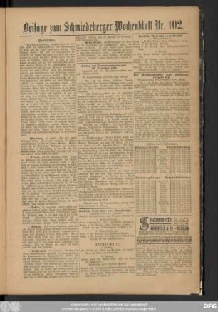 Schmiedeberger Wochenblatt, Beilage zum Schmiedeberger Wochenblatt Nr. 102.