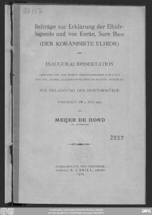 Beiträge zur Erklärung der Elḫiḍrlegende und von Ḳorân, Sure 1859ff. <Der ḳorānisirte Elẖiḍr>