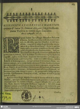 Responsum a Sacra Regia Maiestate Poloniae & Sueciae D. Dominis ablegatis collegii electoralis datum Warsaviae in comitiis regni Generalibus : die 15. Augusti. 1658