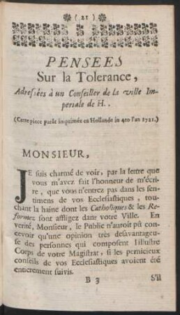 Pensées Sur la Tolerance, Adressées à un Conseiller de la ville Imperiale de H.