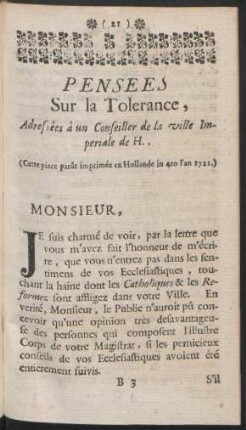 Pensées Sur la Tolerance, Adressées à un Conseiller de la ville Imperiale de H.