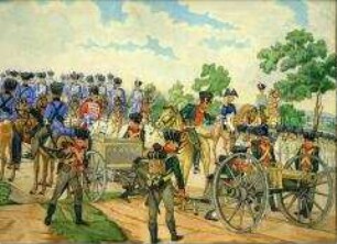 Uniformdarstellung, Genre-Bild: Richtende Fußartillerie, Kavallerie und Infanterie, Sachsen, 1806.