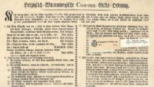 Württembergische Chaussée-Geld-Ordnung von Herzog Friedrich Eugen