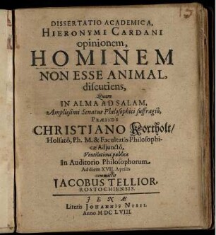 Dissertatio Academica, Hieronymi Cardani opinionem, Hominem Non Esse Animal, discutiens