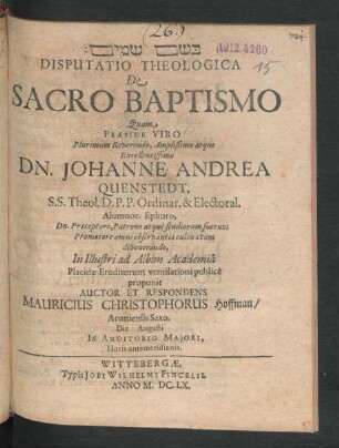 Disputatio Theologica De Sacro Baptismo