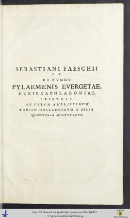 Sebastianus Faeschius: De Nummo Pylaemenis Evergetae, Regis Paphlagoniae Epistola.