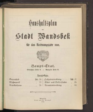 1900: Haushaltsplan der Stadt Wandsbek