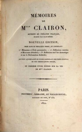 Mémoires de Mlle. Clairon, actrice du Théatre Français
