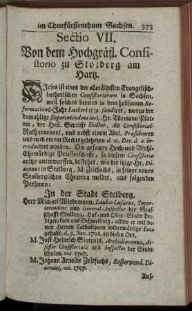 Sectio VII. Von dem Hochgräfl. Consistorio zu Stolberg am Hartz.