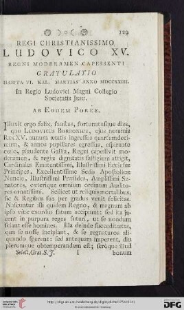 Regi Christianissimo Ludovico XV. Regni Moderamen Capessenti Gratulatio