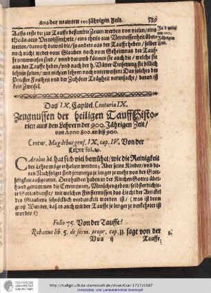Das IX. Capitel. Centuria IX. Zeugnussen der heiligen TuaffHistorien aus den Lehrern der 900. Jährigen Zeit / von Anno 800. an biß 900