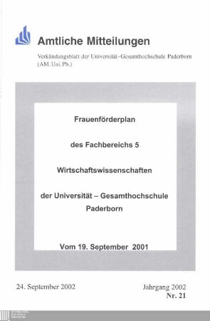 Frauenförderplan des Fachbereichs 5, Wirtschaftswissenschaften, der Universität - Gesamthochschule Paderborn : vom 19. September 2001