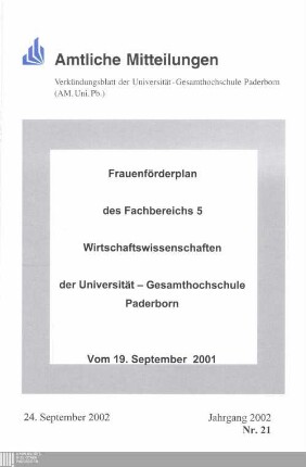 Frauenförderplan des Fachbereichs 5, Wirtschaftswissenschaften, der Universität - Gesamthochschule Paderborn : vom 19. September 2001