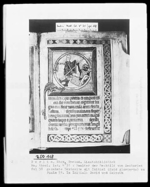 Psalter der Mechthild von Anhalt — Initiale Q (uid gloriaris), darin tötet David den Goliath, Folio 58recto