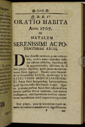 Oratio Habita. Anno 1707. In Natalem Serenissimi Ac Potentissimi Regis.