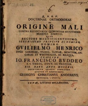 Doctrinae Orthodoxae De Origine Mali Contra Recentiorvm Qvorvndam Hypotheses Modesta Assertio