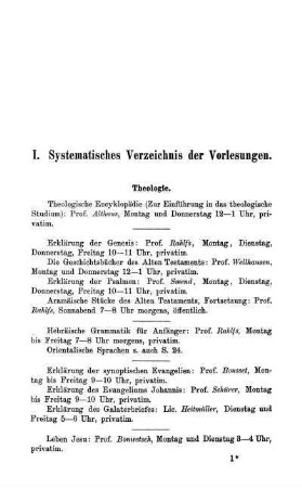 I. Systematisches Verzeichnis der Vorlesungen