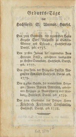 Geburts-Täge des Hochfürstl. S. Weimar. Hauses.
