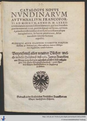 CATALOGVS NOVVS NVNDINARVM AVTVMNALIVM FRANCOFORTI AD MOENVM, ANNO D.M.LXXXII. celebratarum ...